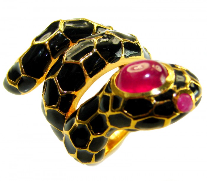 Red Snake Ruby black Enamel 18K Gold over .925 Sterling Silver Huge handcrafted Ring s. 7