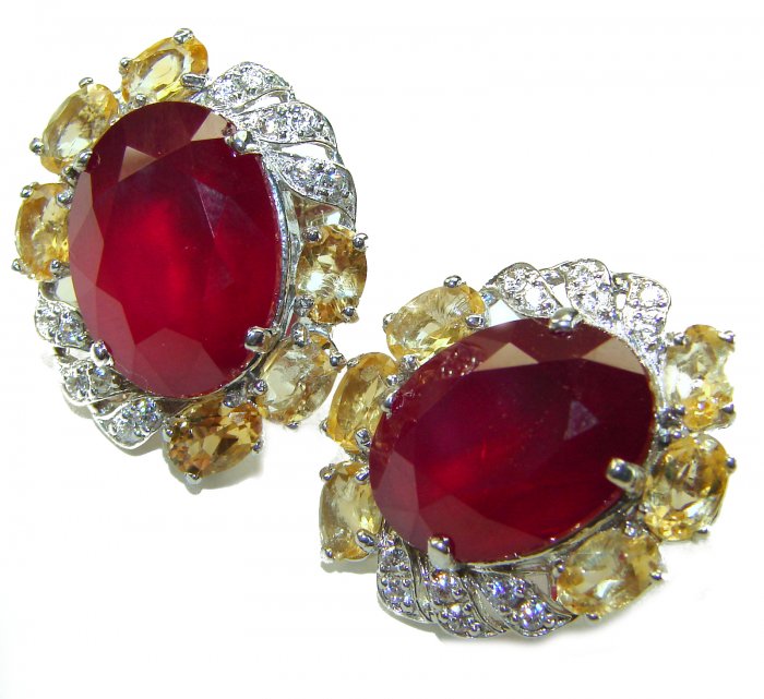 Black Lable Collection - Blooming Roses Authentic 28.9 carat Mozambique Ruby Rhodium over .925 Sterling Silver brilliantly handcrafted earrings - video