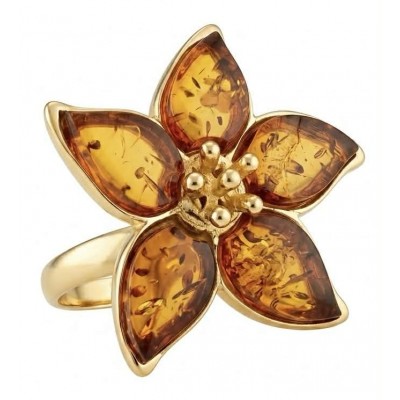 Summer Friday Authentic Baltic Amber 18K Gold over .925 Sterling Silver handcrafted ring; s. 7 adjustable