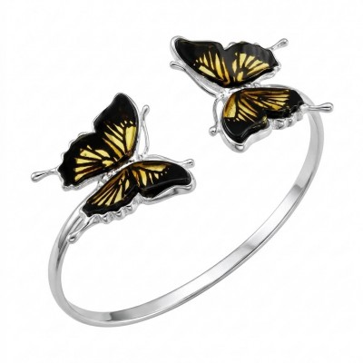 Golden Butterfly Genuine carved Baltic Amber .925 Sterling Silver handamde Bracelet
