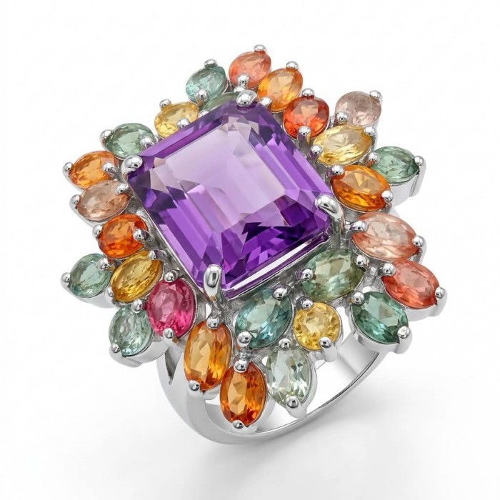 Anastasia 20.2 carat Amethyst multicolor Sapphire .925 Sterling Silver Handcrafted Statement Ring size 7
