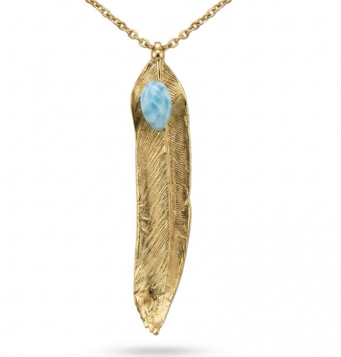 Natural Leaf Larimar 14K Gold over .925 Sterling Silver handmade