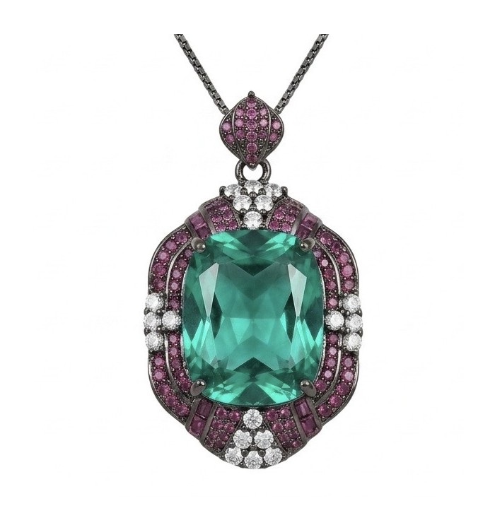 ART DECO Authentic 24.7 carat Aquamarine Ruby Black rhodium over .925 Sterling Silver handmade necklace