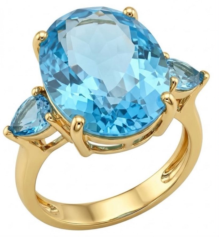 Pacifica - Authentic 17.8 carat Swiss Blue Topaz 22K Gold over .925 Sterling Silver handcrafted Large Statement ring size 8 1/4