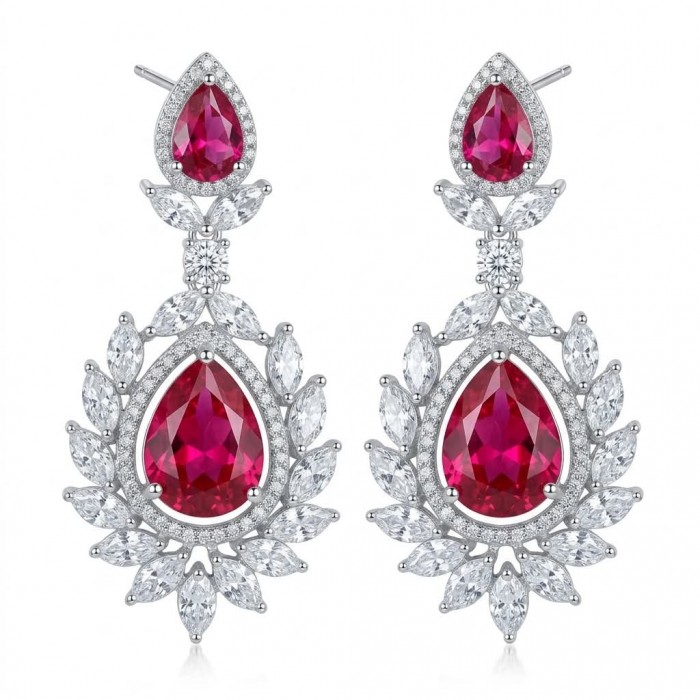 Tiffany - authentic 7.5 carat Ruby .925 Sterling Silver dipped in rhodium handcrafted Statement Earrings