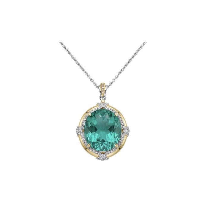 Wonderland 24.3 carat fancy oval cut Paraiba Tourmaline 2 tones .925 Sterling Silver Handcrafted Statement necklace