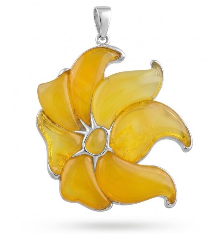 Golden Wild Lotus Natural Butterscotch Baltic Polish Amber .925 Sterling Silver dipped in rhodium handcrafted Pendant