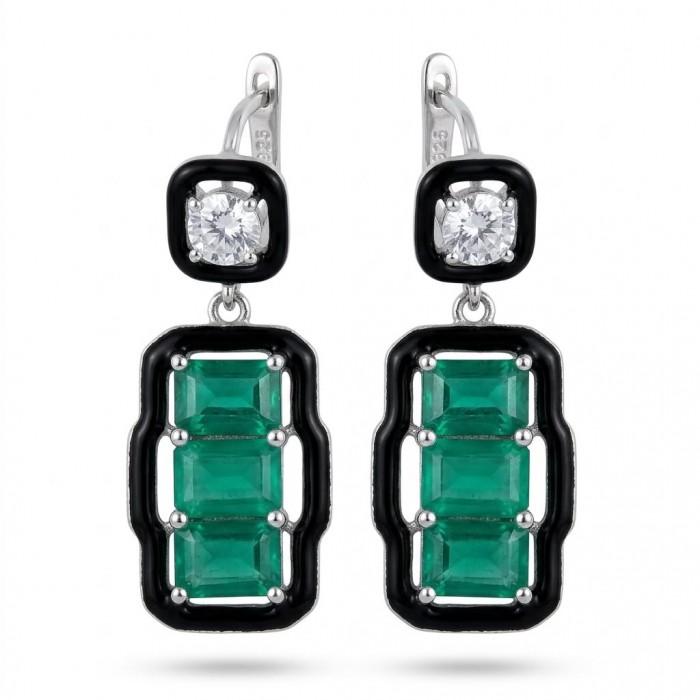 Art Deco 8.5 carat Emerald black enamel .925 Sterling Silver handcrafted earrings