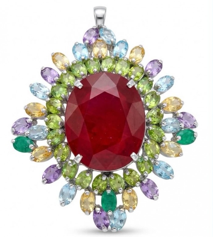 Rainbow Rapsody - RARE FINDING - 55.7 carat Authentic Ruby .925 Sterling Silver handcrafted Pendant Brooch