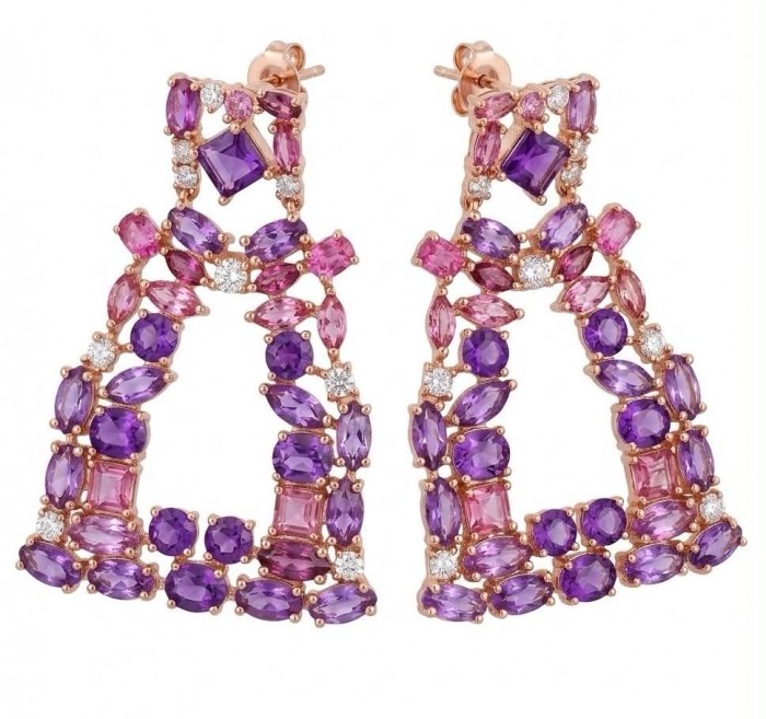 Esmeralda Natural 8.6 carat fancy Amethyst Kunzite 18K Rose Gold over .925 Sterling Silver handmade earrings