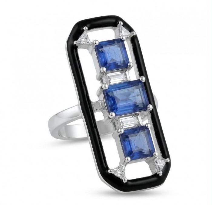Art Deco 6.2 carat Sapphire black enamel .925 Sterling Silver handcrafted Ring size 6