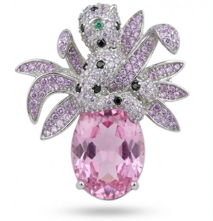 Pink Cheetah authentic 12.5 carat Swiss Blue Topaz .925 Sterling Silver Handcrafted pendant brooch