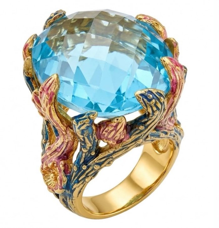 Poseidon 65.3 carat Swiss Blue Topaz ENAMEL .925 Sterling Silver dipped in 18K Gold handcrafted Large ring size 7