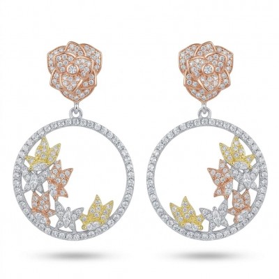 Black Label Collection - Floral design - Natural White Topaz 22K Gold over .925 Sterling Silver handmade 3 tones earrings