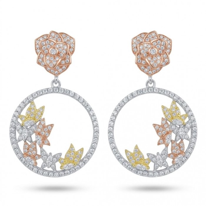 Black Label Collection - Floral design - Natural White Topaz 22K Gold over .925 Sterling Silver handmade 3 tones earrings