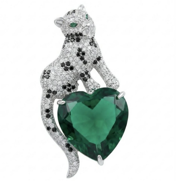Precious Cheetah authentic 38.5 carat Emerald .925 Sterling Silver Handcrafted pendant brooch