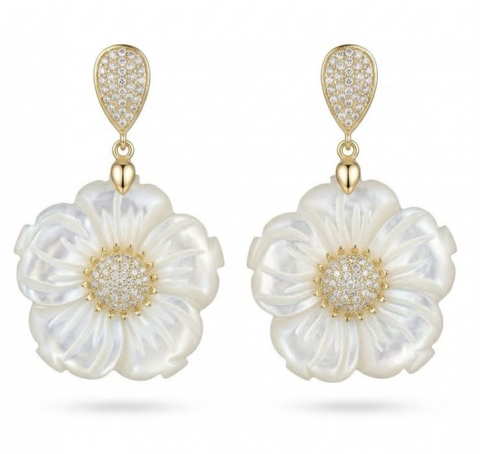 BLOOMING FLOWERS Genuine Blister Pearl 0.2 CARAT lab grown Diamond 18K Gold over .925 Sterling Silver handcrafted Statement Earrings