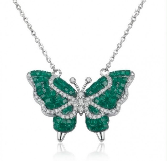 Precious Butterfly authentic 12.9 carat Colombian Emerald .925 Sterling Silver handcrafted Statement necklace