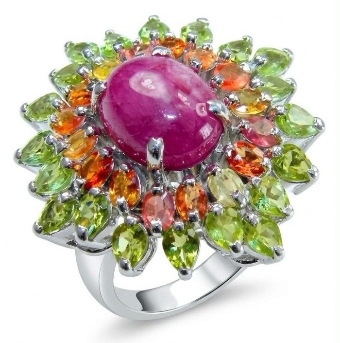 Giovanna Natural 29.4 carat Ruby .925 Sterling Silver dipped in rhodium handmade Large Statement Ring size 7