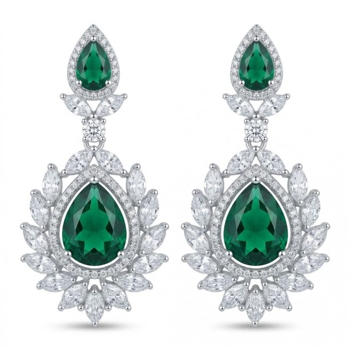 Magnificent Jewel 17.5 carat Emerald 14K white Gold over .925 Sterling Silver handcrafted earrings