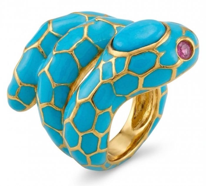 Blue Snake inlay Truquoise Enamel 2.6 carat natural Turquoise 18K Gold over .925 Sterling Silver Huge handcrafted Ring s. 8 - video