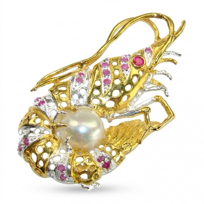 Precious Shrimp genuine Ruby 14k Gold over .925 Sterling Silver handmade Pendant - Brooch