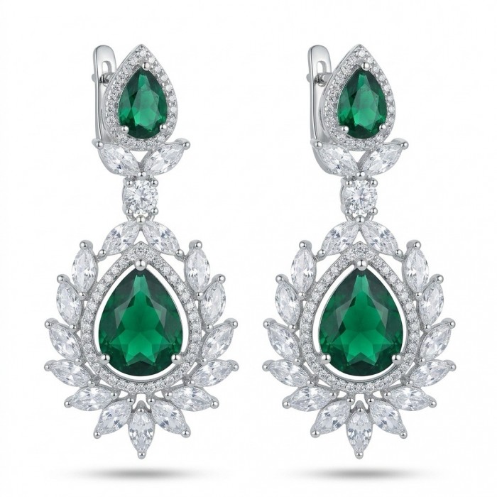 Magnificent Jewel 17.5 carat Emerald 14K white Gold over .925 Sterling Silver handcrafted earrings