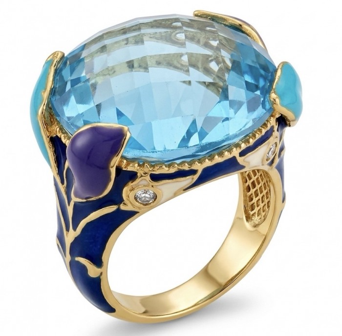 Dolce Vita 25.3 carat genuine Swiss Blue Topaz Enamel .925 Sterling Silver dipped in 22K Gold handcrafted Large ring size 8 1/4