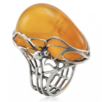 Spider's Web Authentic Golden Butterscotch Baltic Amber .925 Sterling Silver entirely handcrafted LARGE ring; s. 7 adjustable