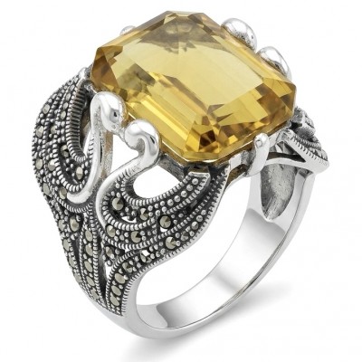 Two Swans Authentic 27.4 carat Lemon Quartz .925 Sterling Silver brilliantly handcrafted large Statement Ring size 8