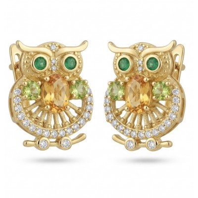 Wisdom - Natural 3.2 carat Citrine Emerald .925 Sterling Silver dipped in 18K Gold handmade Owl earrings