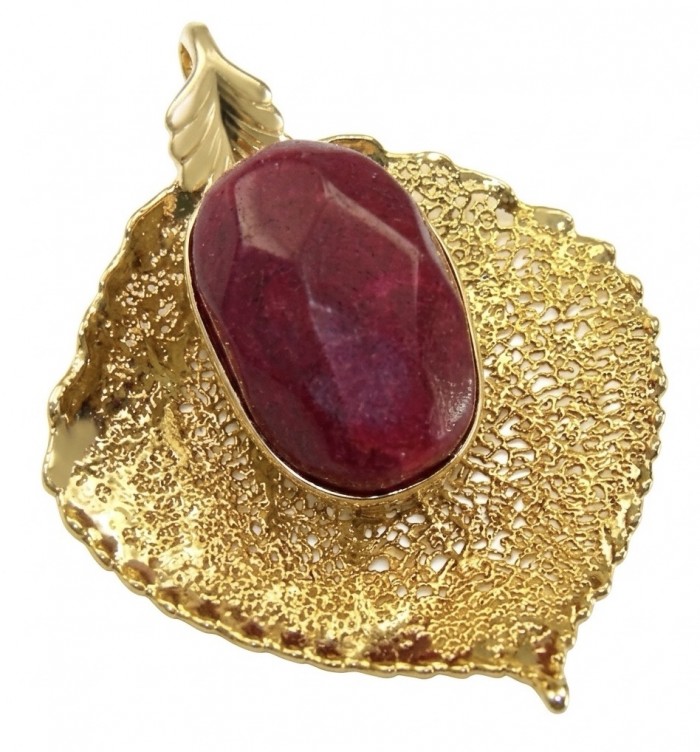 REAL Leaf dipped in copper Ruby stone 22.2 Golden Topaz & .925 Sterling Silver Pendant