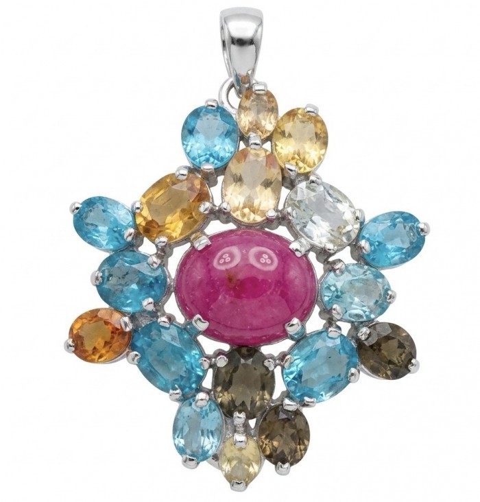 Giovanna- 25.5 carat Authentic Kashmir Ruby .925 Sterling Silver handcrafted Pendant and Brooch