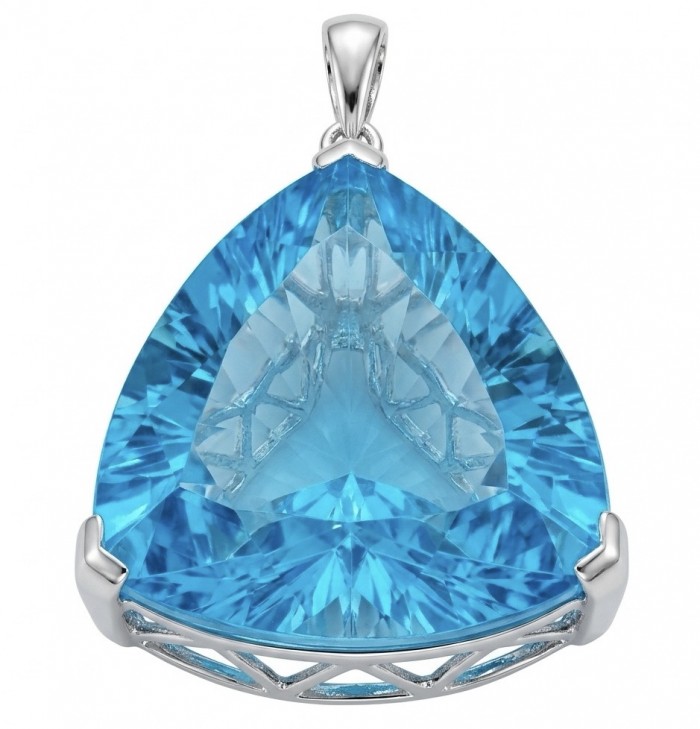 Trillion cut 28.5 carat Vintage style Swiss Blue Topaz .925 Sterling Silver DIPPED IN RHODIUM handmade Pendant