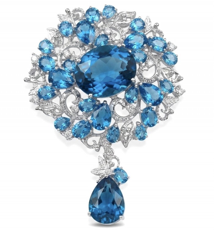 An exuberantly Large 70.2 grams Vintage style Swiss Blue Topaz .925 Sterling Silver DIPPED IN RHODIUM handmade LARGE Pendant - Brooch