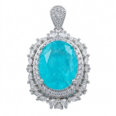 Wonderland 12.8 carat classic oval cut Paraiba Tourmaline Moissanite .925 Sterling Silver Handcrafted Statement necklace