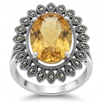 Golden Dream 23.5 carat Brazilian Citrine Marcasite .925 Sterling Silver Handcrafted Ring size 7 1/4