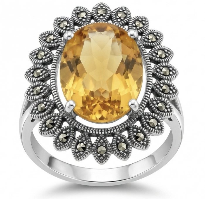 Golden Dream 23.5 carat Brazilian Citrine Marcasite .925 Sterling Silver Handcrafted Ring size 7 1/4 - video