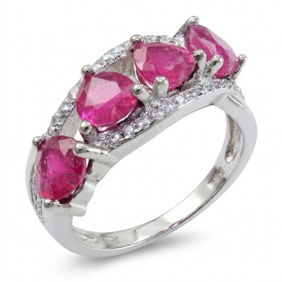4 Hearts Natural 7.4 carat Ruby .925 Sterling Silver dipped in Rhodium handmade Statement Ring size 6 1/4