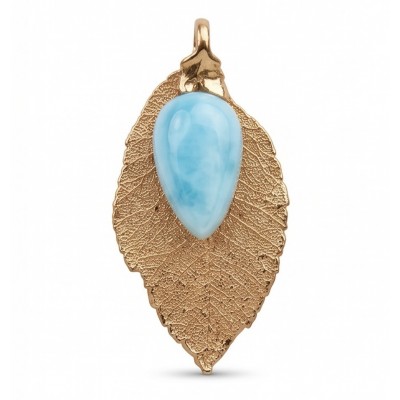 Stylish REAL Leaf dipped in copper 14.5 carat Larimar .925 Sterling Silver and Copper Pendant