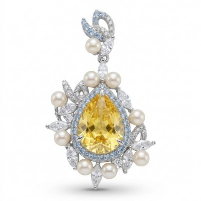 Tiffany - 7.8 carat yellow Sapphire Pearl RHODIUM over .925 Sterling Silver Handcrafted pendant