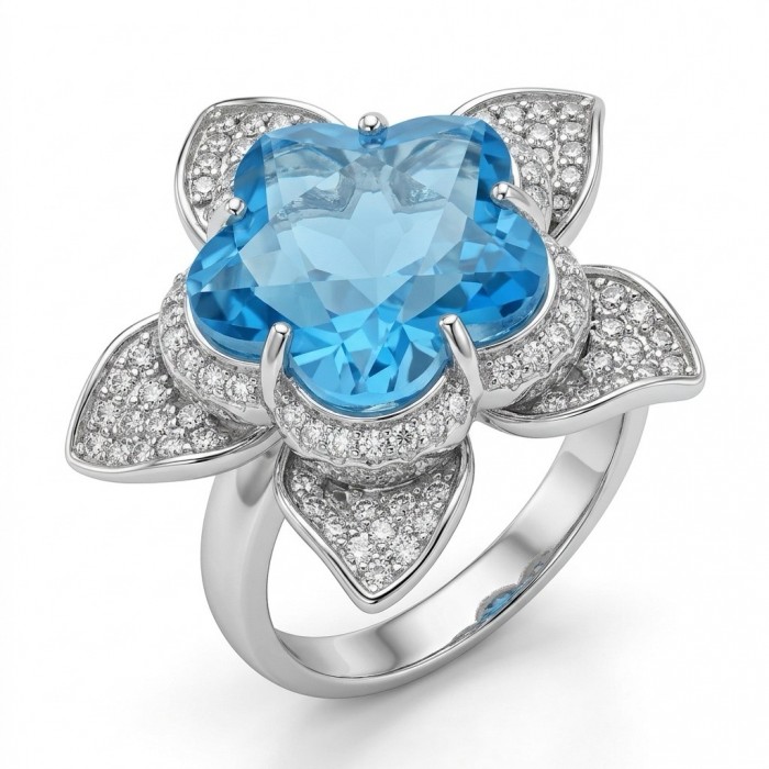 Forget -Me- Not flower 9.5 carat genuine Swiss Blue Topaz .925 Sterling Silver handmade Statement Ring size 8