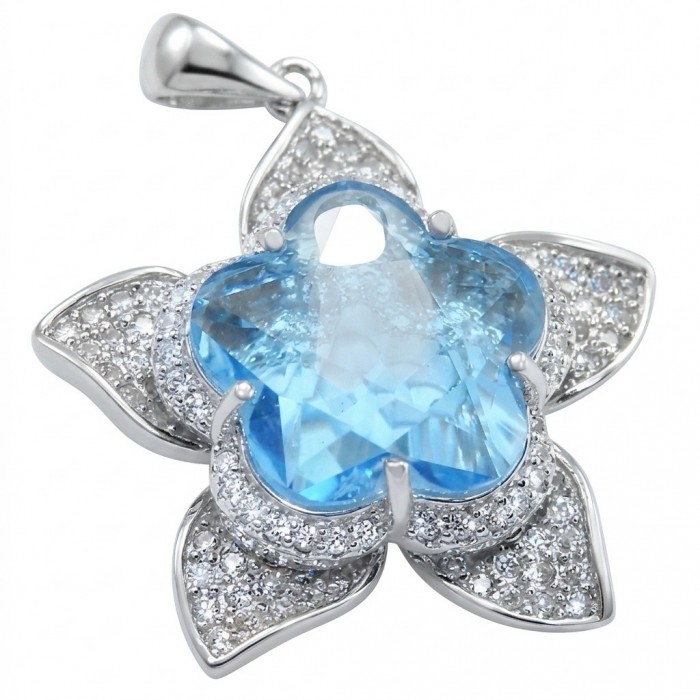 Forget -Me- Not flower 9.7 carat genuine Swiss Blue Topaz .925 Sterling Silver handmade Statement Pendant