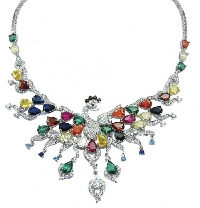 55.2 carat Graceful Swan Natural multicolor Topaz .925 Sterling Silver handcrafted Statement necklace