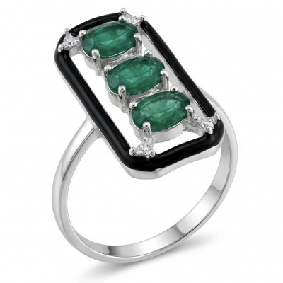 Art Deco 8.2 carat Colombian Emerald black enamel .925 Sterling Silver handcrafted Ring size 8