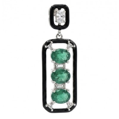 Art Deco 9.5 carat Emerald black enamel .925 Sterling Silver handmade Pendant