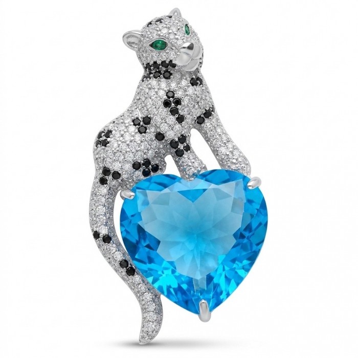 Precious Cheetah authentic 38.5 carat Swiss Blue Topaz .925 Sterling Silver Handcrafted pendant brooch