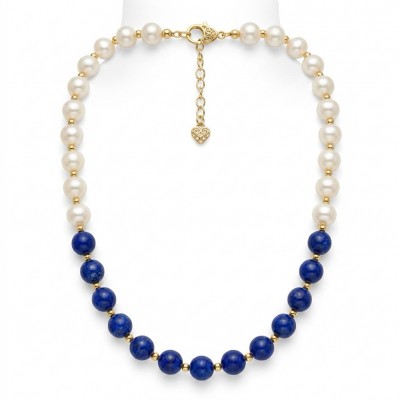 Boho Style Lapis Lazuli Pearl 10K Gold over .925 Sterling Silver handmade necklace