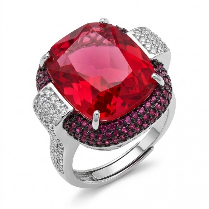 Art Deco 18.6 ctw Red Topaz black enamel .925 Sterling Silver handcrafted Statement Ring size 7 adjustable