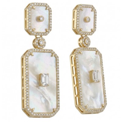 Genuine Blister Pearl lab grown Diamond 18K Gold over .925 Sterling Silver handcrafted Large Statement Earrings